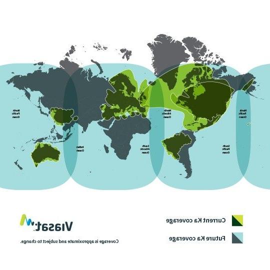 展示Viasat目前和未来Ka覆盖范围的世界平面地图, 覆盖范围大致并可能改变